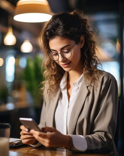 Mujer de negocios en la oficina. Mujer ejecutiva vestida con ropa de negocios de pie fuera de la sala de reuniones moderna y la comprobación de los datos en el teléfono movil.